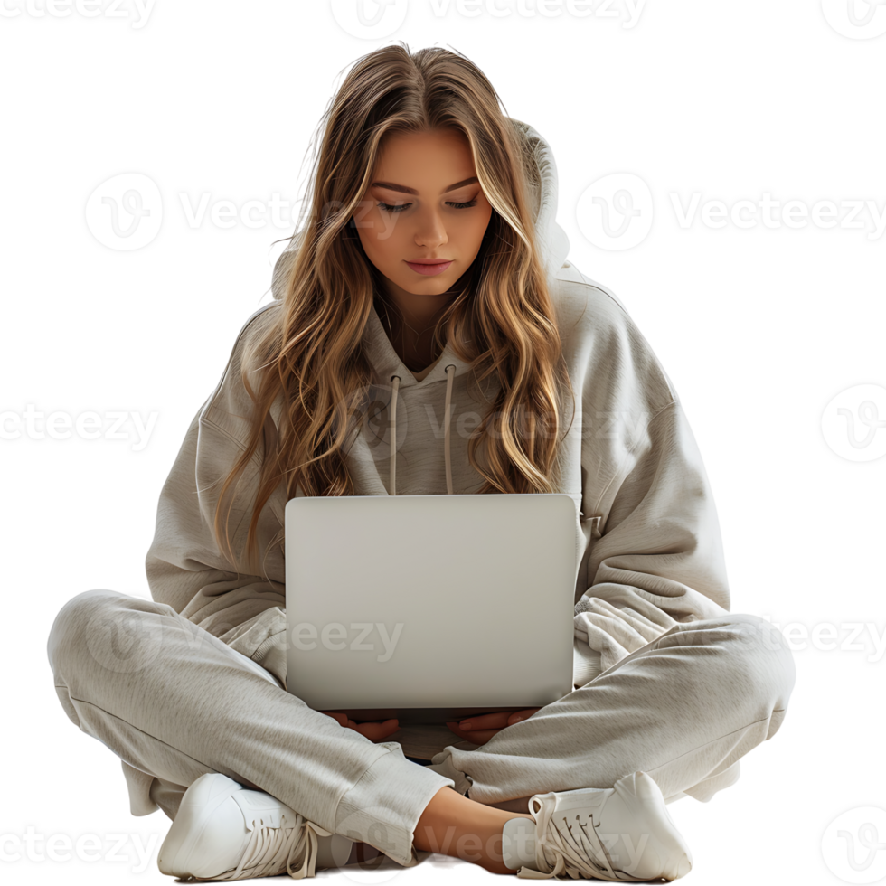 Woman sitting using a laptop on isolated transparent background png