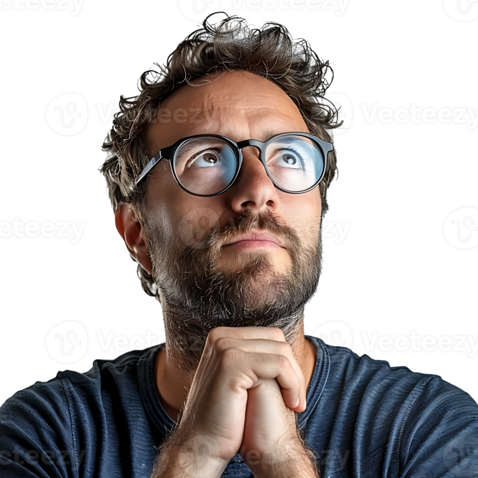 Man with glasses thinking on isolated transparent background png