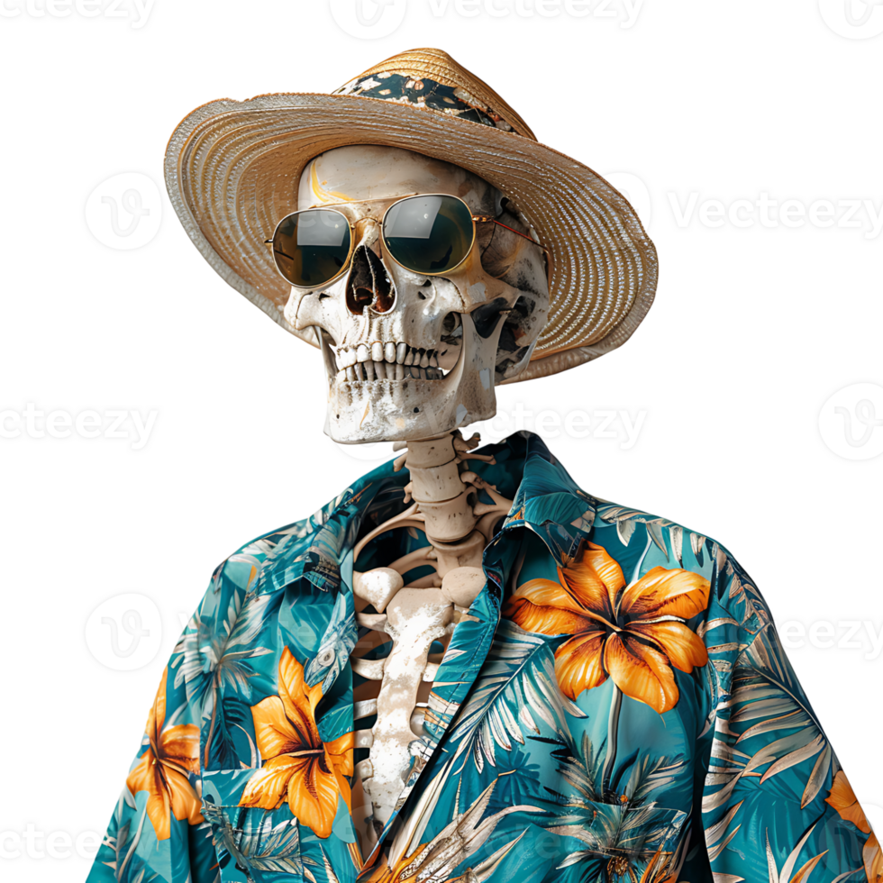 Skeleton wearing tropical shirt glasses and hat on isolated transparent background png