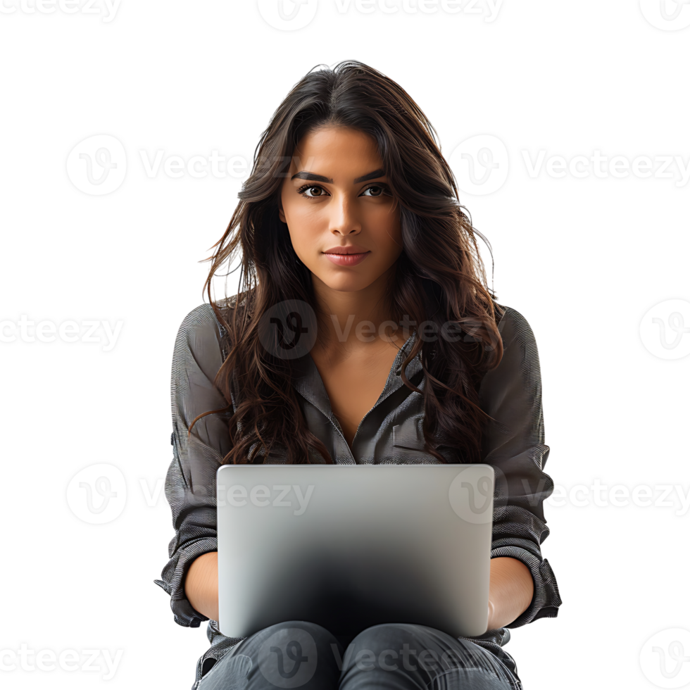 Woman sitting using a laptop on isolated transparent background png