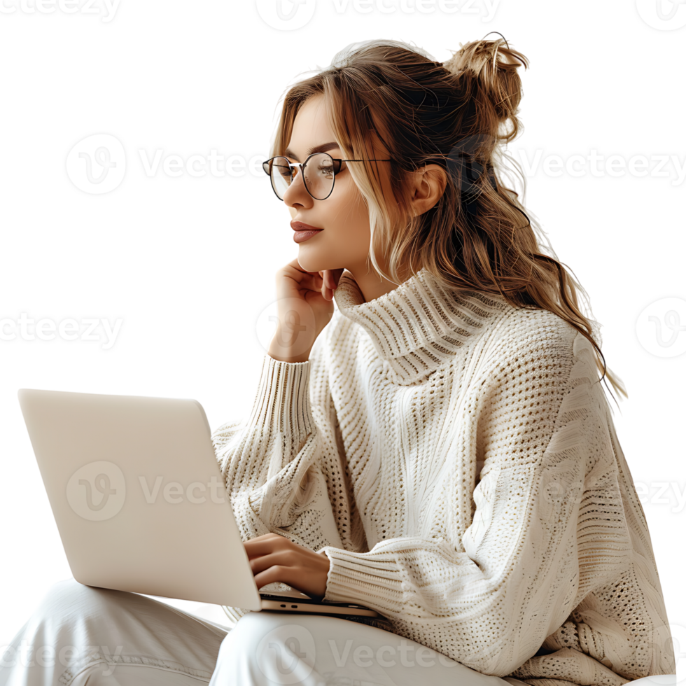 Woman sitting using a laptop on isolated transparent background png