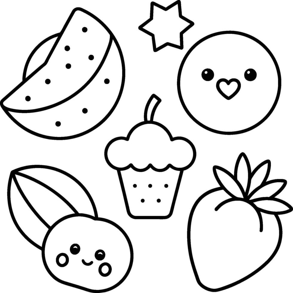 Kawaii coloring book illustration. Food coloring pages. vector