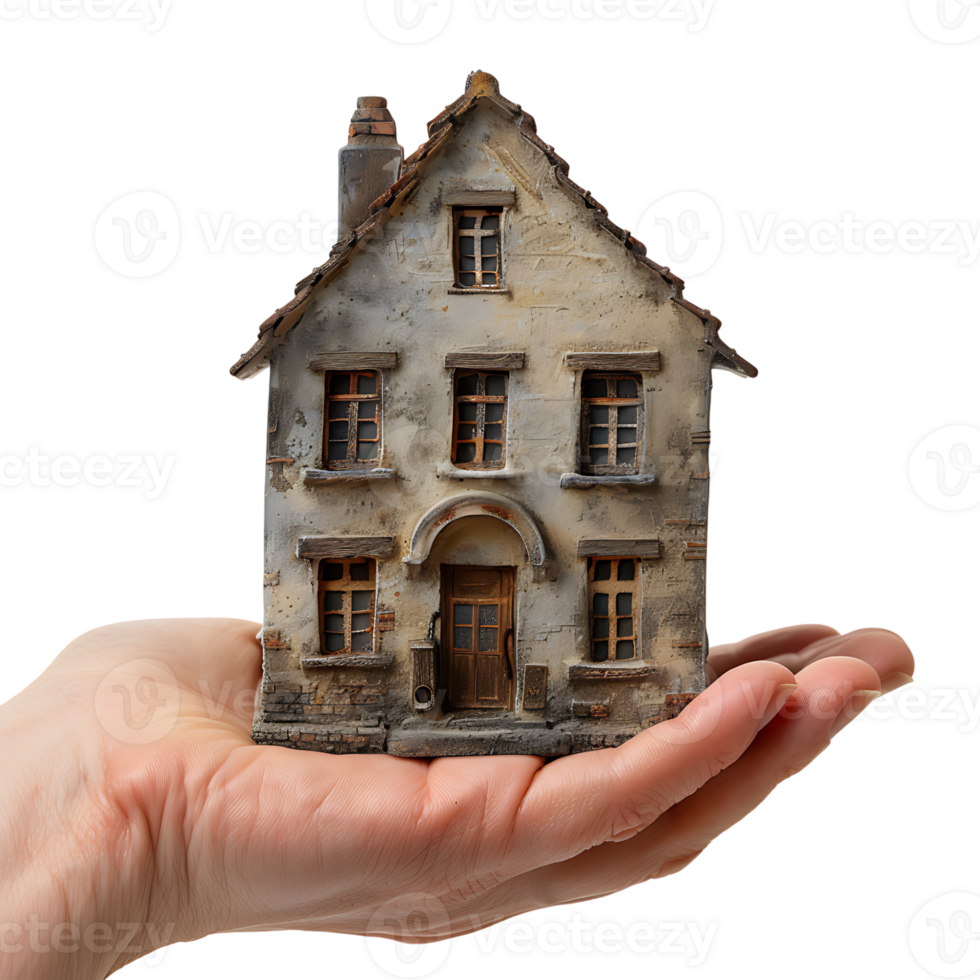 Hand holding miniature house on isolated transparent background png