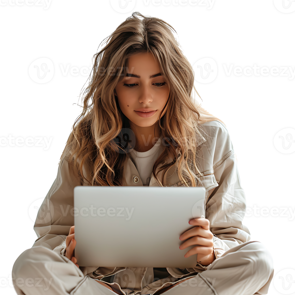 Woman sitting using a laptop on isolated transparent background png