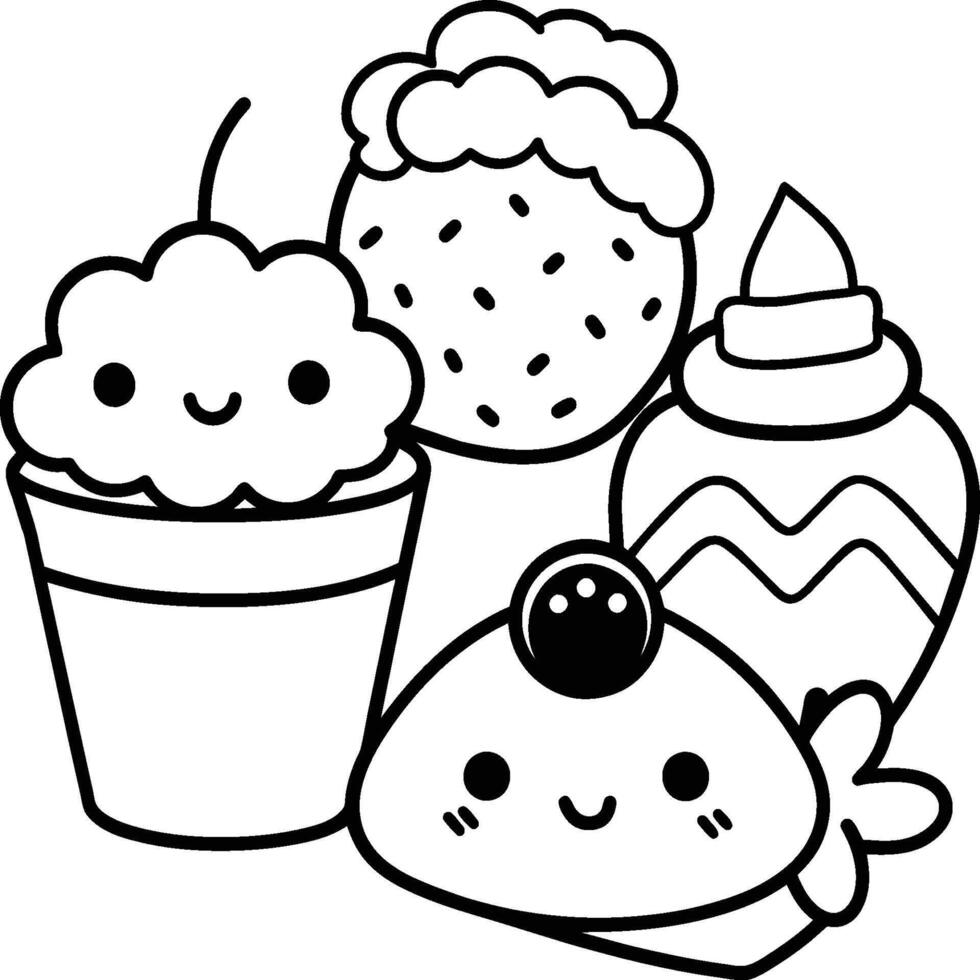 Kawaii coloring book illustration. Food coloring pages. vector