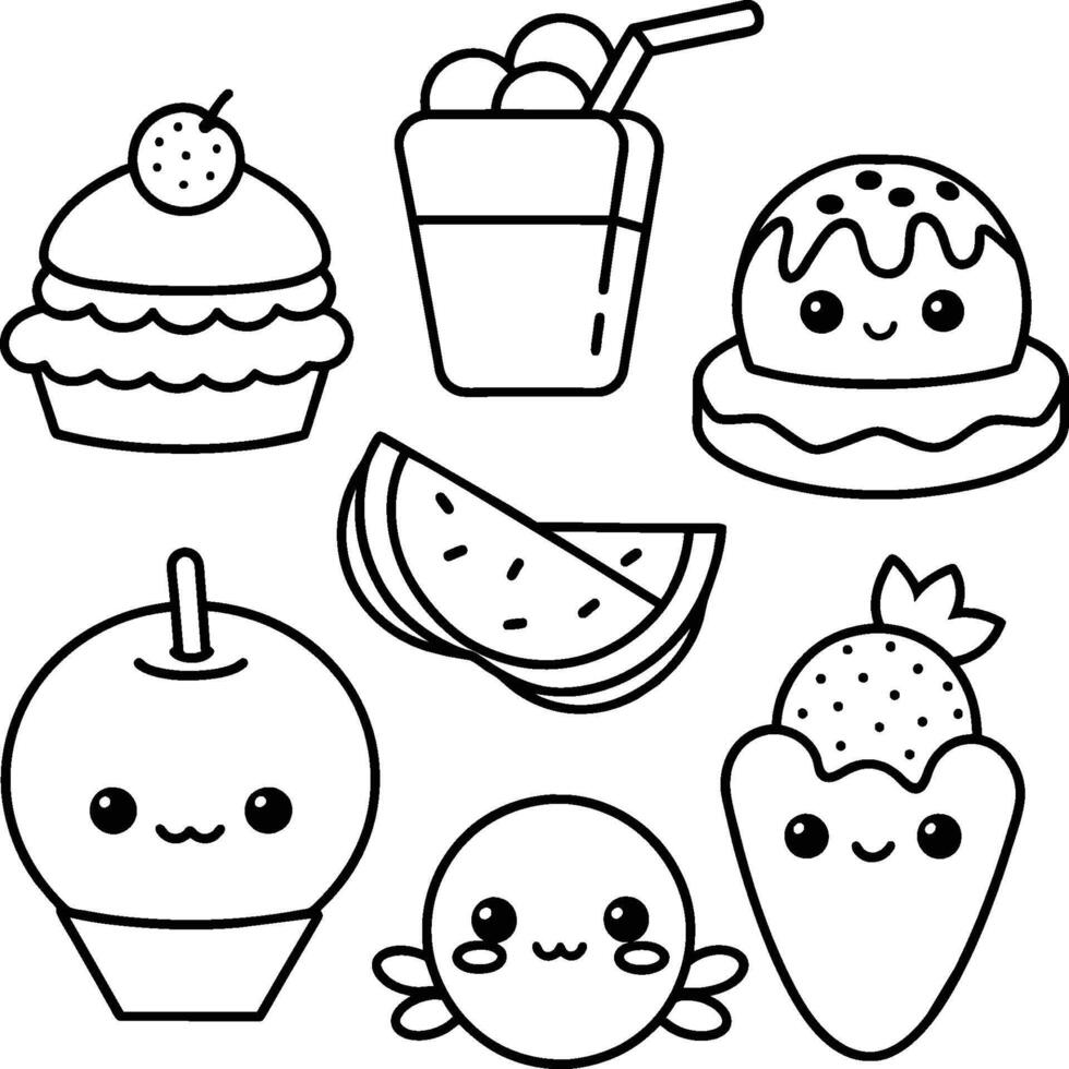 Kawaii coloring book illustration. Food coloring pages. vector