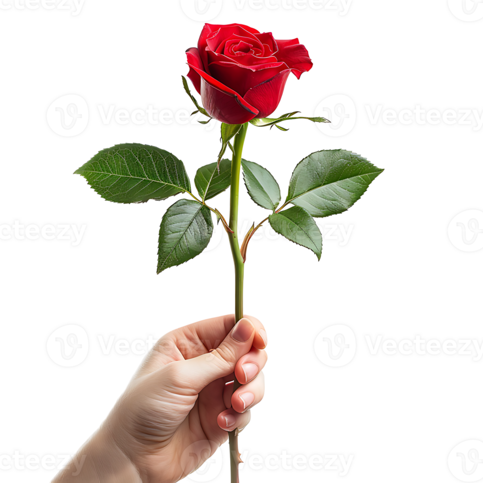 Hand holding red rose on isolated transparent background png
