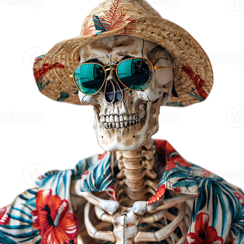 Skeleton wearing tropical shirt glasses and hat on isolated transparent background png