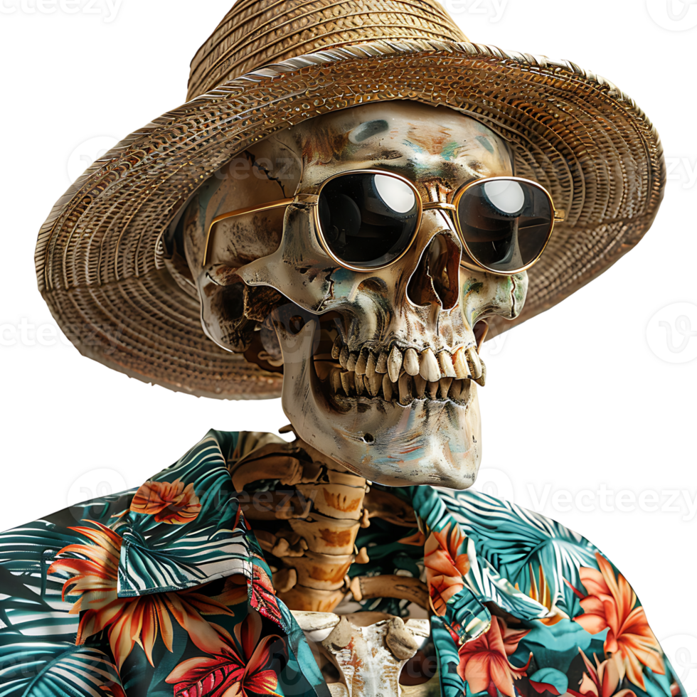 Skeleton wearing tropical shirt glasses and hat on isolated transparent background png