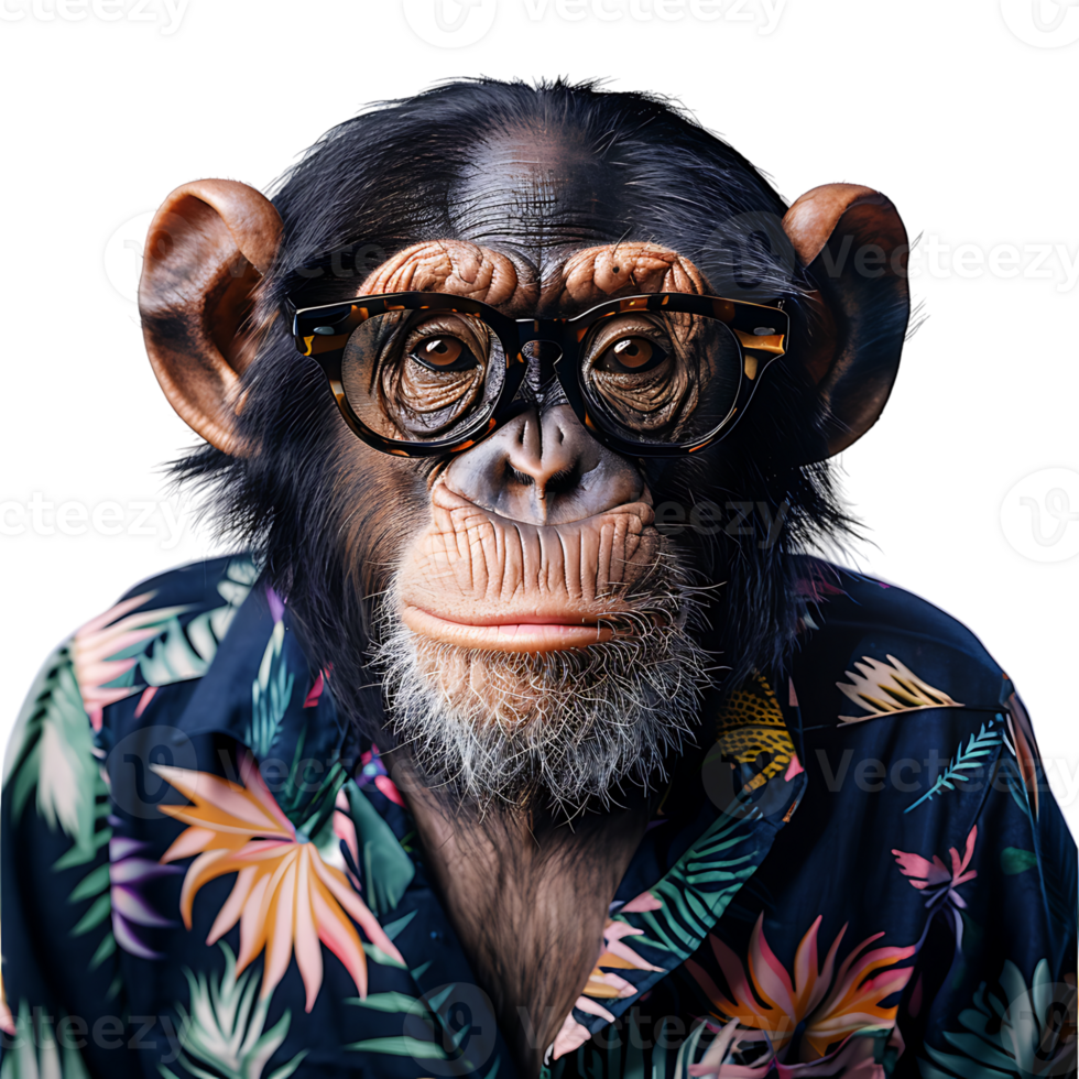 Chimpanzee wearing glasses and tropical shirt on isolated transparent background png