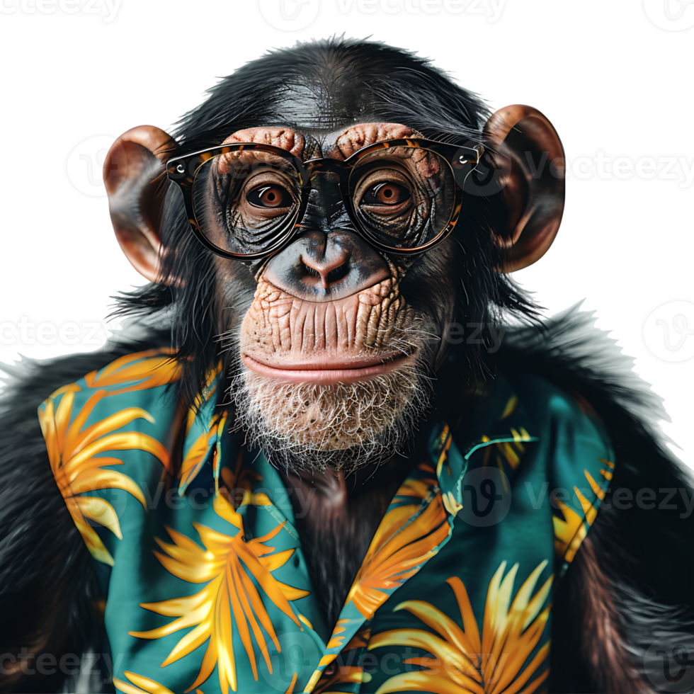 Chimpanzee wearing glasses and tropical shirt on isolated transparent background png