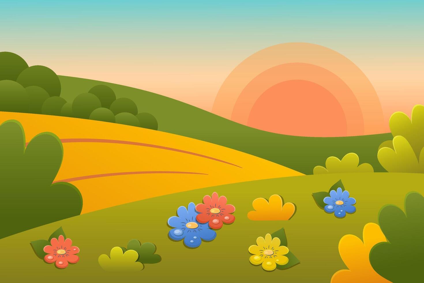 Spring background. Green meadow, flowers, foliage, trees, sky, cloud, grass. Nature landscape template. Summer spring design for banner, Poster, card. cartoon style vector