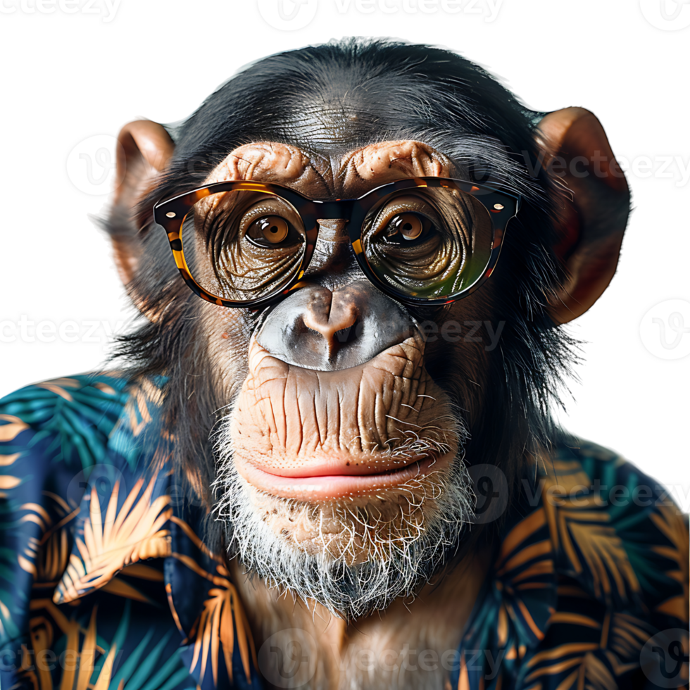 Chimpanzee wearing glasses and tropical shirt on isolated transparent background png
