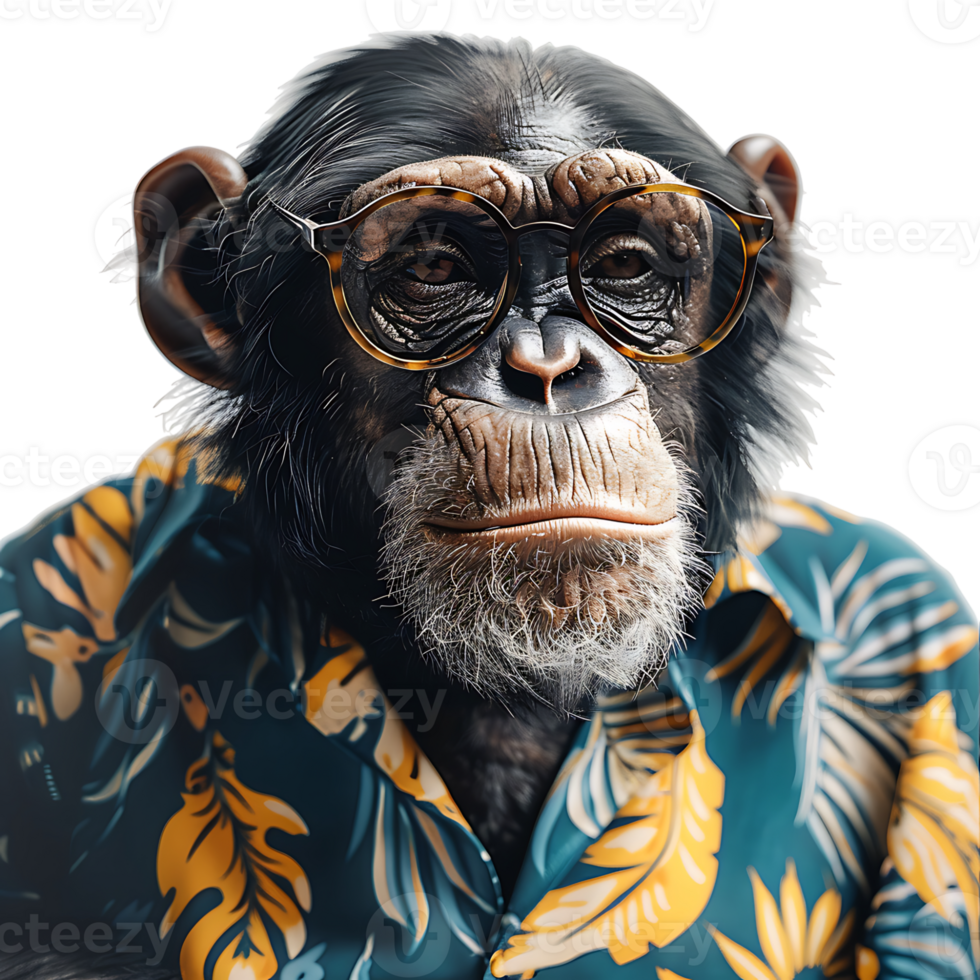 Chimpanzee wearing glasses and tropical shirt on isolated transparent background png