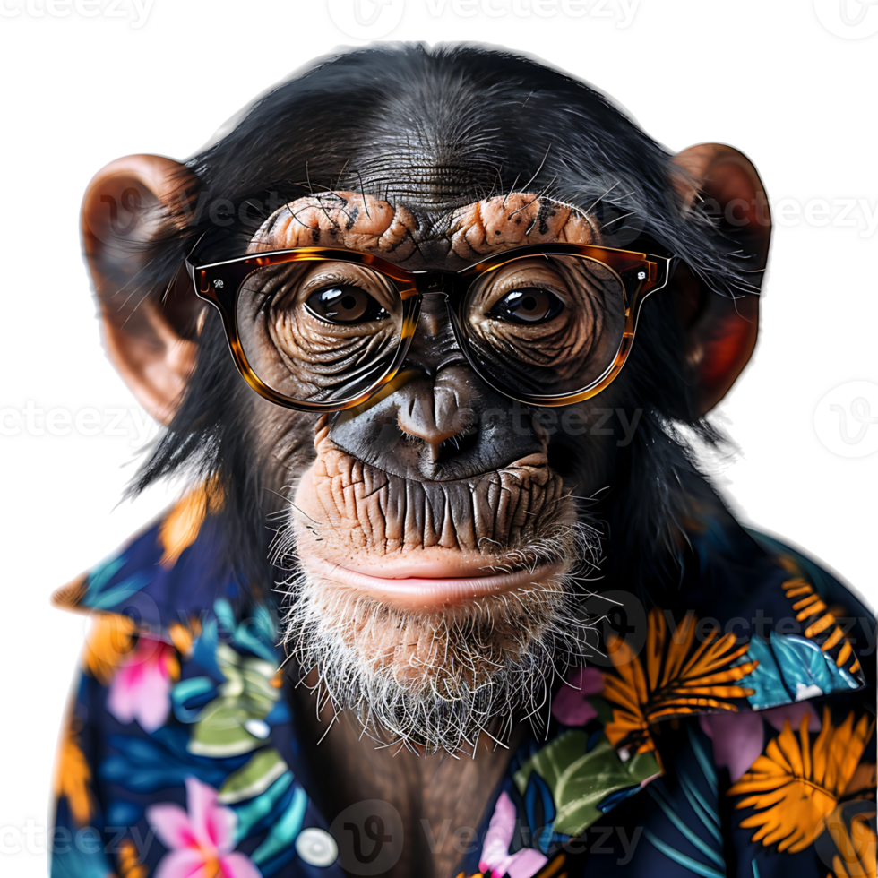 Chimpanzee wearing glasses and tropical shirt on isolated transparent background png