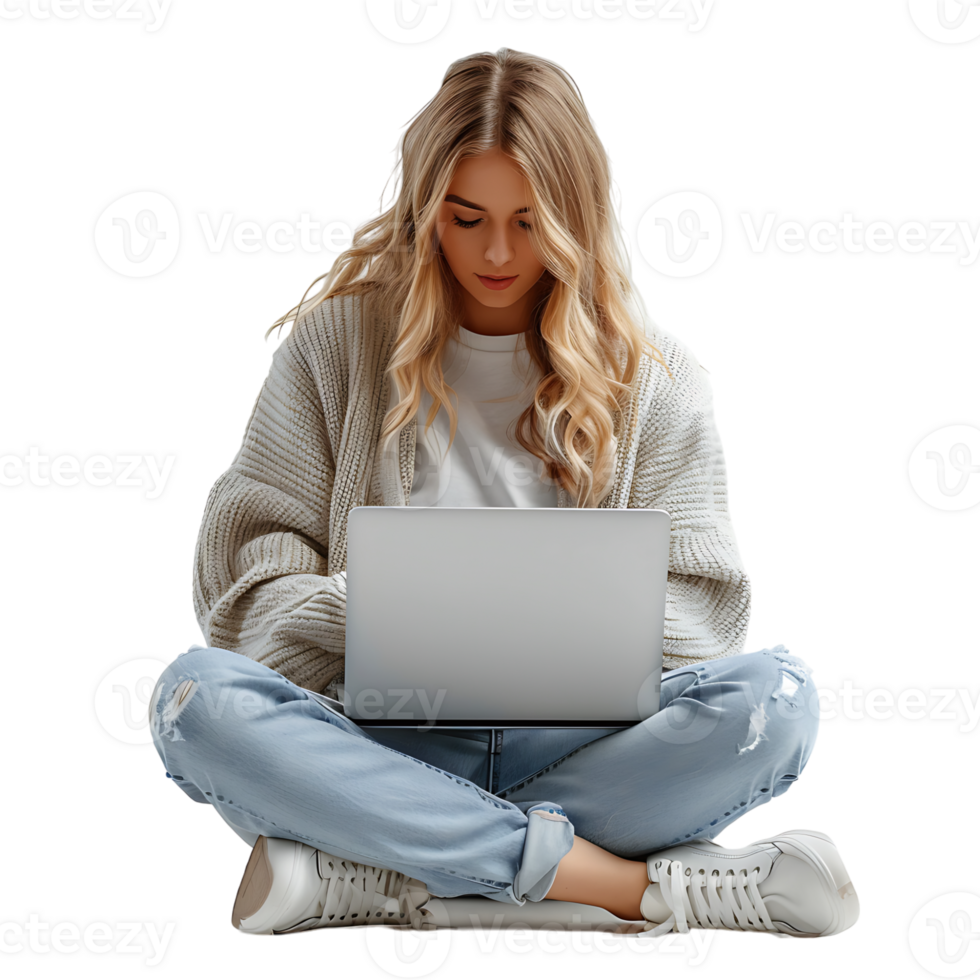 Woman sitting using a laptop on isolated transparent background png