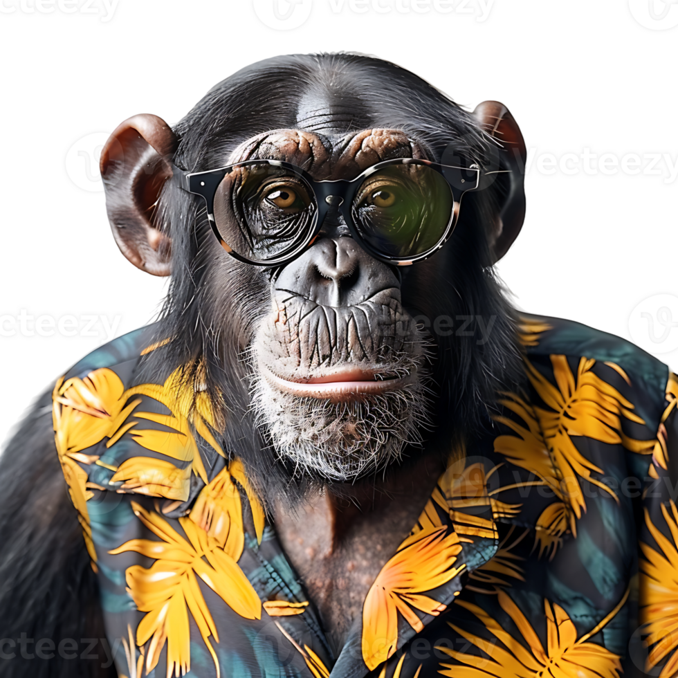 Chimpanzee wearing glasses and tropical shirt on isolated transparent background png