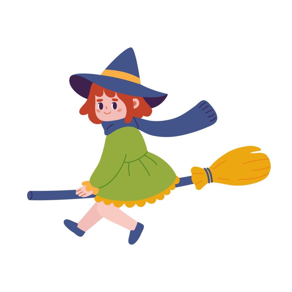 Cute witch on a broom in kawaii style. Flat illustration. vector