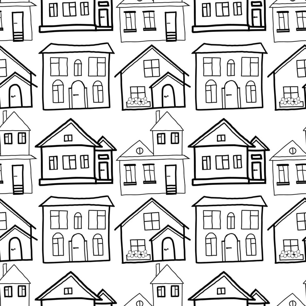Seamless pattern. Residential buildings drawn by hand on a tablet in black. Private houses with large windows, flower beds, fences. Suitable for printing on fabric and paper, for scrapbooking. vector
