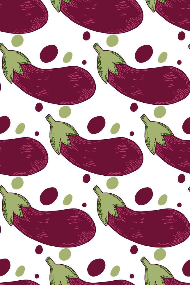 Seamless pattern. Purple eggplants with green tails, colored spots drawn in on a white background. Suitable for printing on textiles and paper, for textiles, dishes, kitchens, creativity vector