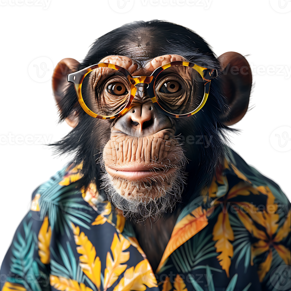 Chimpanzee wearing glasses and tropical shirt on isolated transparent background png