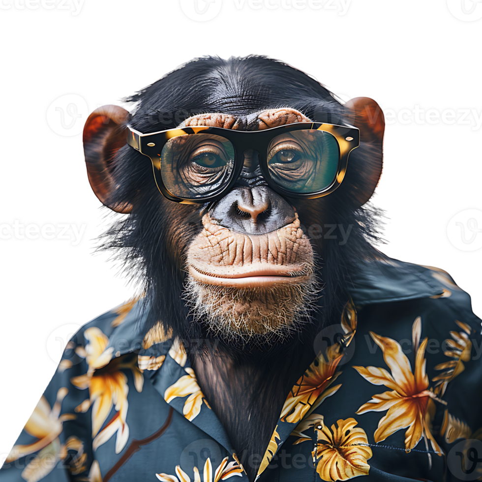Chimpanzee wearing glasses and tropical shirt on isolated transparent background png