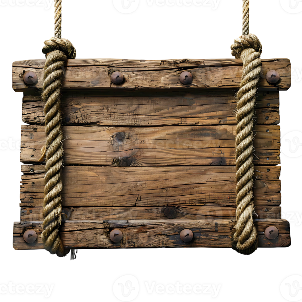 Roped wooden sign board on isolated transparent background png