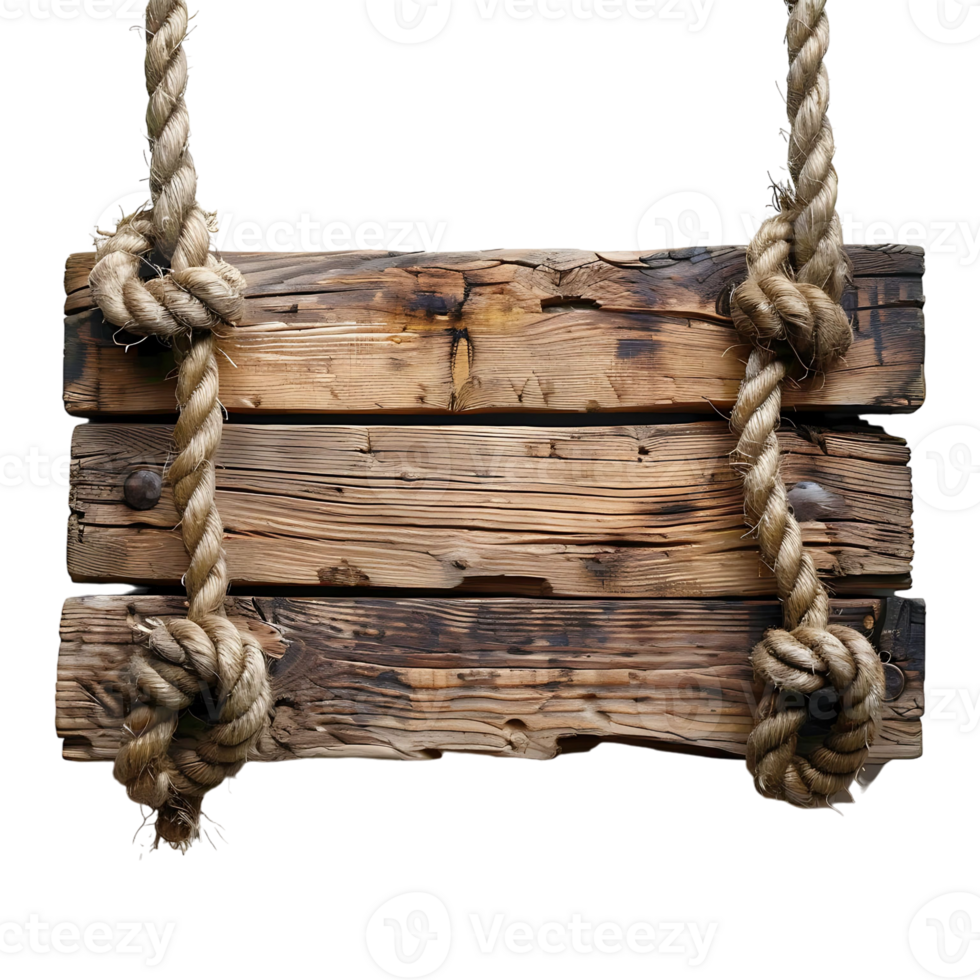 Roped wooden sign board on isolated transparent background png