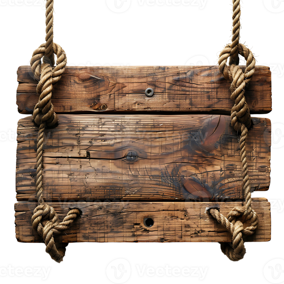 Roped wooden sign board on isolated transparent background png