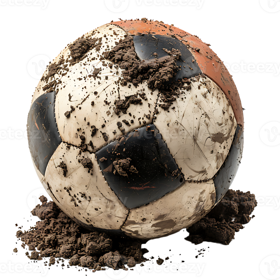 Soccer ball covered in dirt on isolated transparent background png