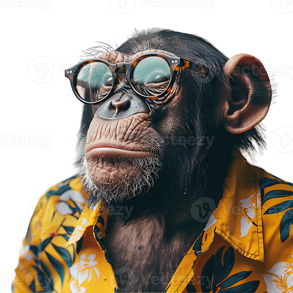 Chimpanzee wearing glasses and tropical shirt on isolated transparent background png