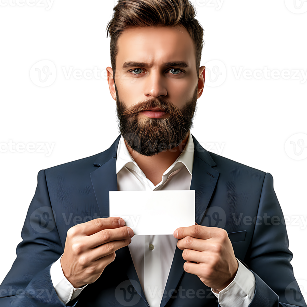 Man holding a business card on isolated transparent background png