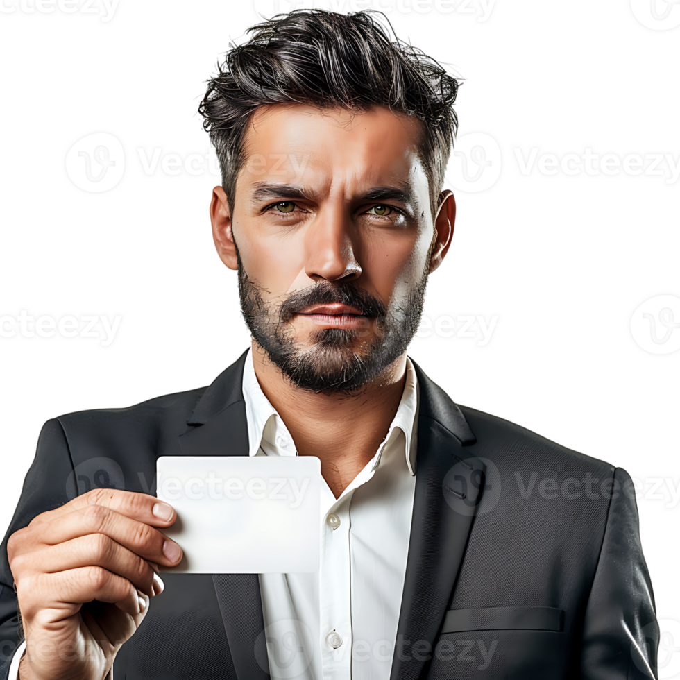Man holding a business card on isolated transparent background png