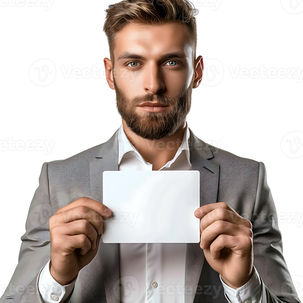 Man holding a business card on isolated transparent background png