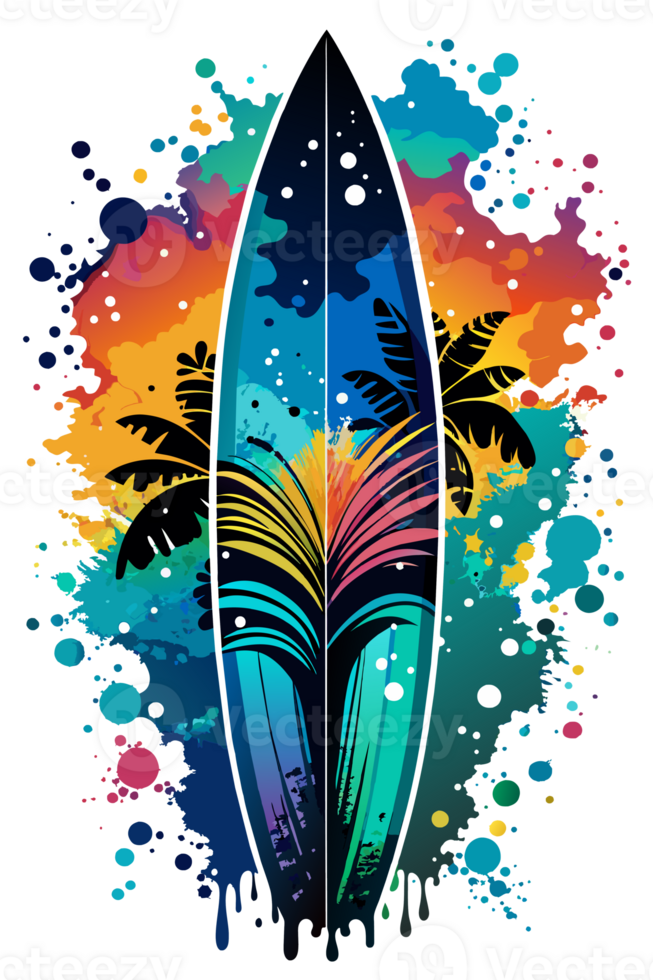 A surfboard stands vertically with a vibrant design featuring a beach sunset and ocean waves png