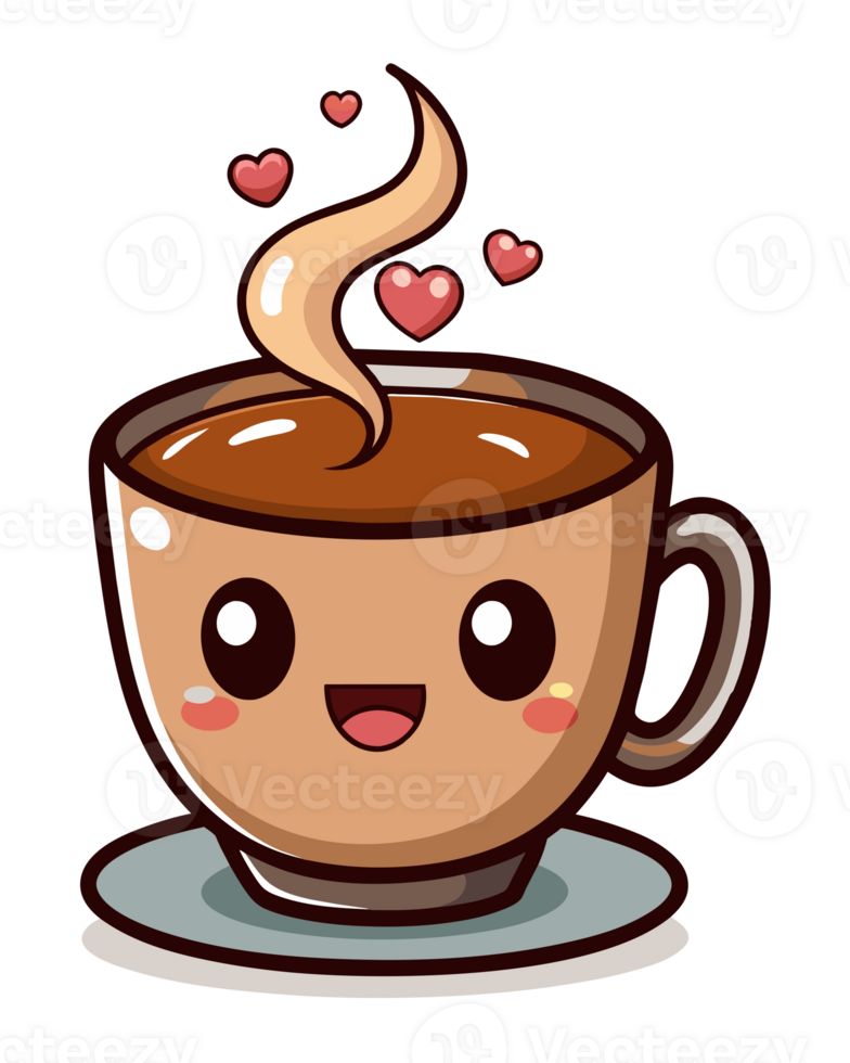 A smiling cup of coffee with a cute face emits steam that twists into heart shapes, suggesting warmth and love png