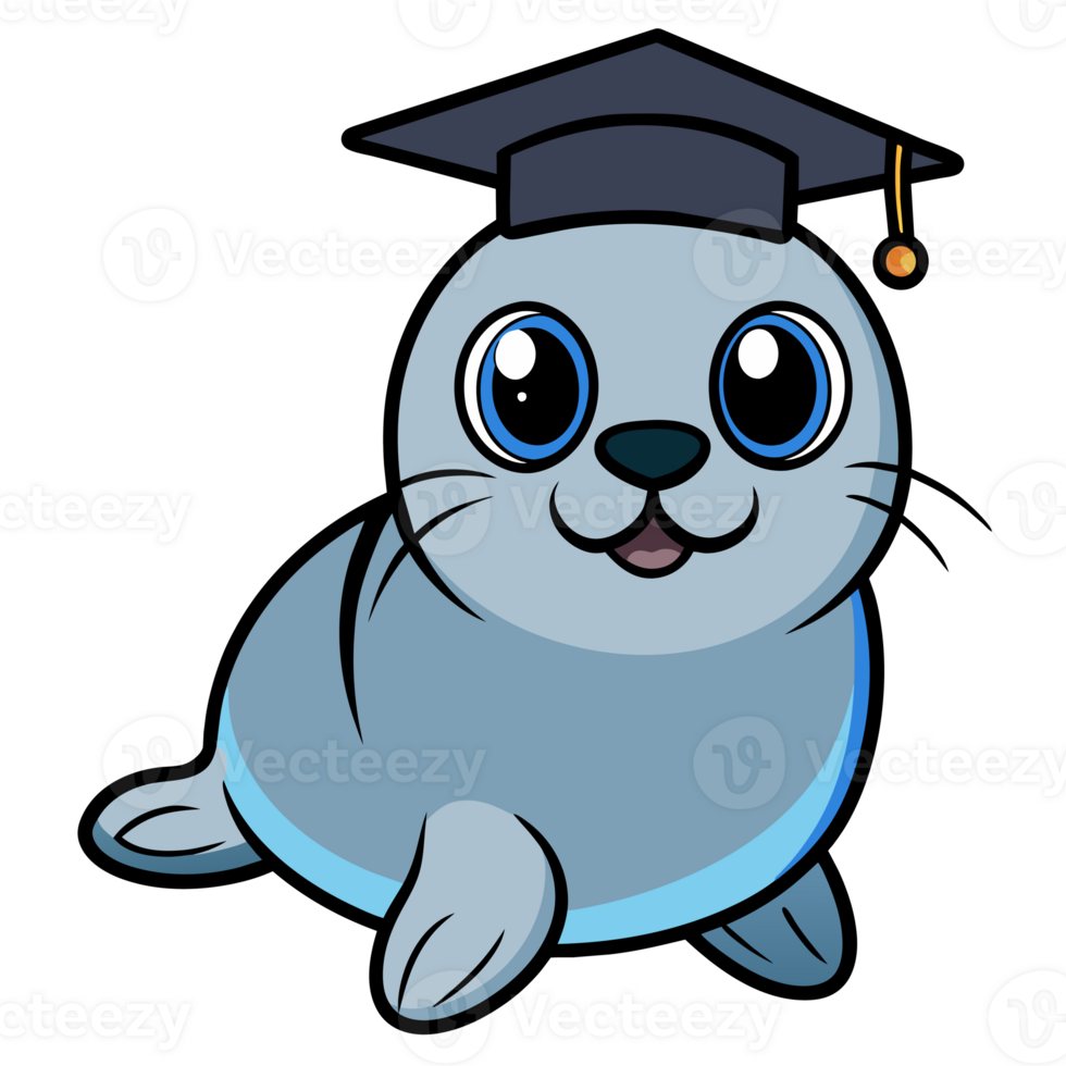 A cartoon seal is wearing a graduation cap and smiling. png