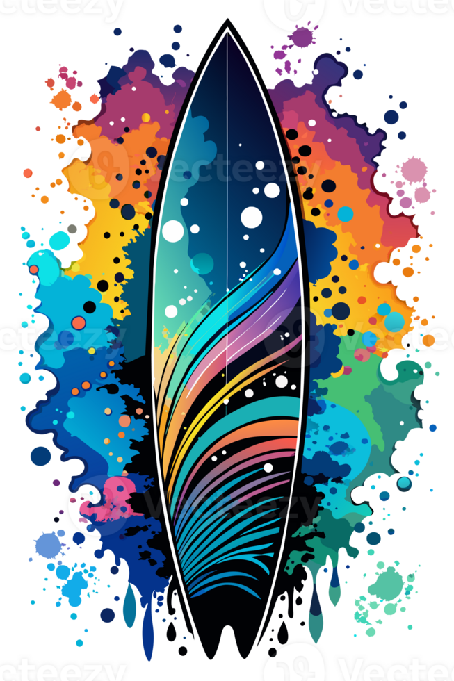 A surfboard stands vertically with a vibrant design featuring a beach sunset and ocean waves png