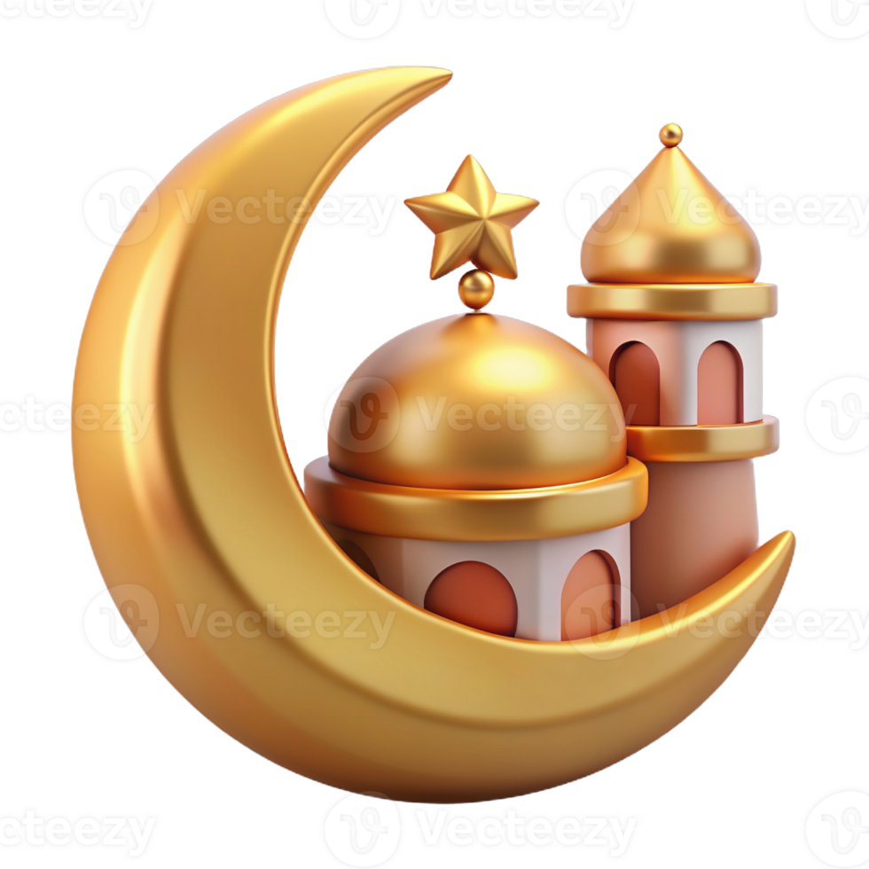 A golden crescent moon cradles a miniature mosque with domes and minarets, accompanied by small stars png