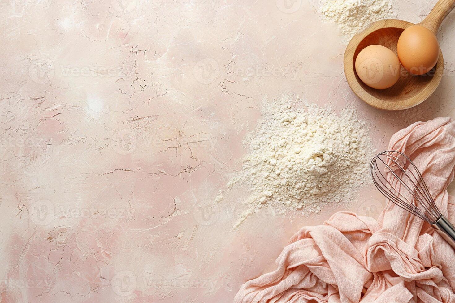 Background for baking. Flour, eggs, whisk on a light pink pastel background. photo