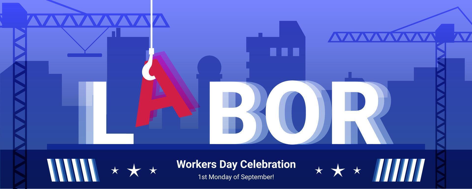 American Labor Day banner, Workers Day greeting card with text and city silhouette on the background. vector