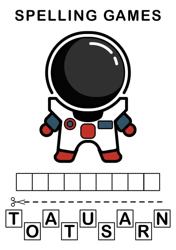 deletrear el palabra. ilustración de astronauta. ortografía juego para niños. educación hoja de cálculo imprimible a4 Talla vector