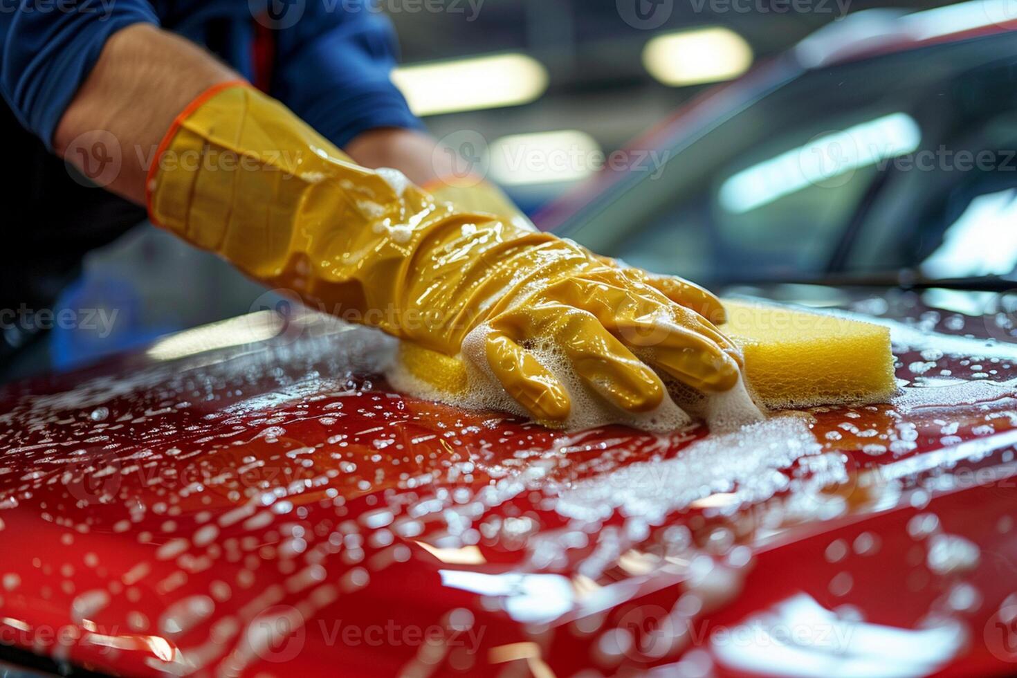 Male hands in rubber gloves of a car wash worker polishing a car with sponge. photo