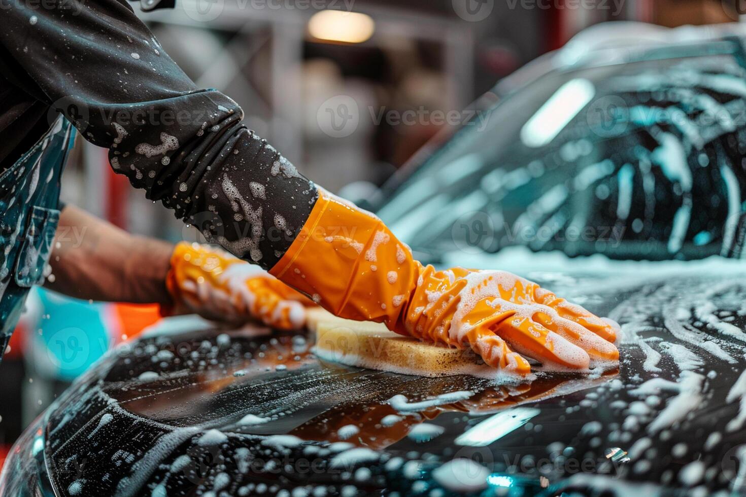 Male hands in rubber gloves of a car wash worker polishing a car with sponge. photo