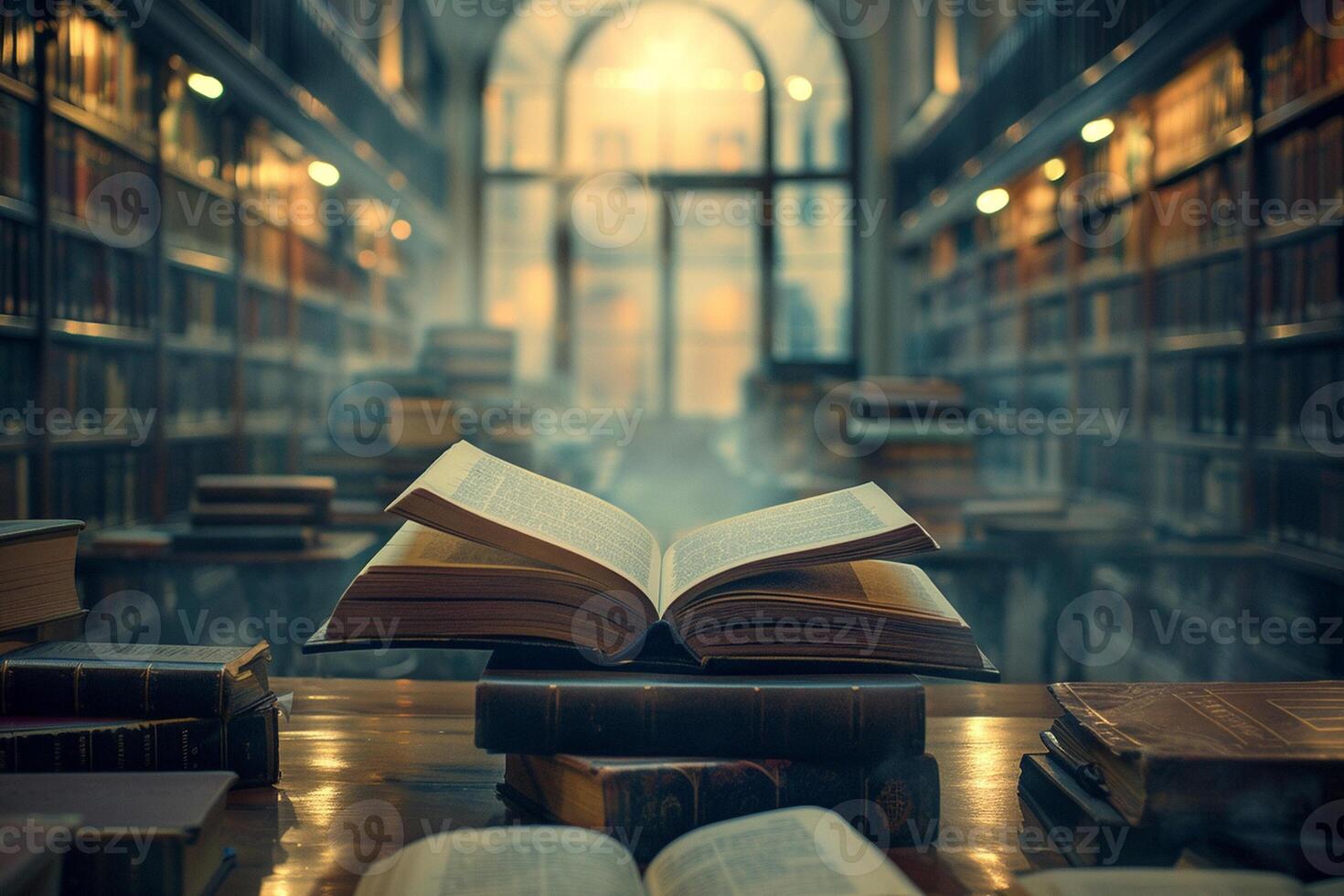 Open book on a table with stacks of books on the sides. Blurred old library on a background. photo