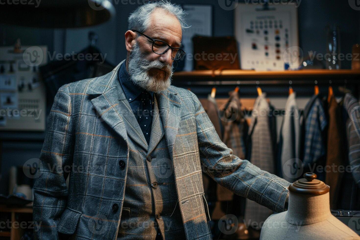 hombre Moda diseñador soportes con de coser maniquí en el Sastre tienda. foto