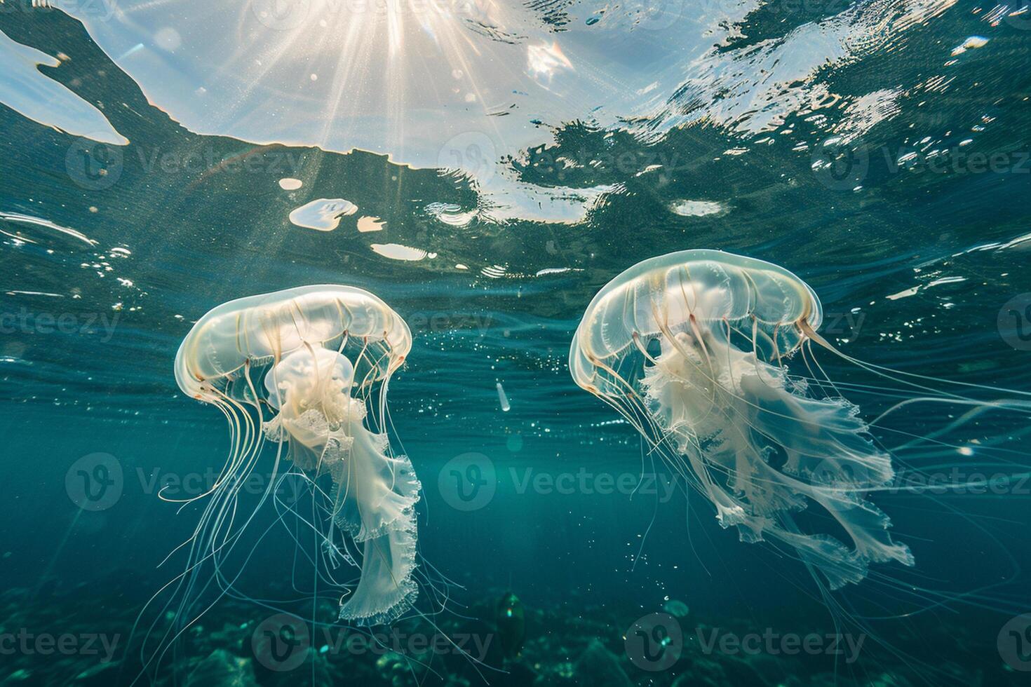 Jelly fishes floating under the water in the ocean. photo