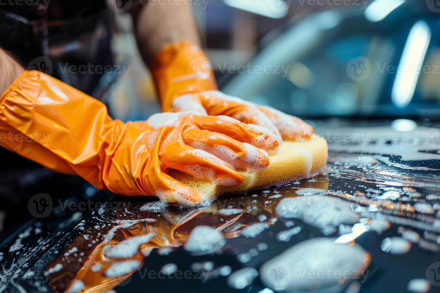 Male hands in rubber gloves of a car wash worker polishing a car with sponge. photo