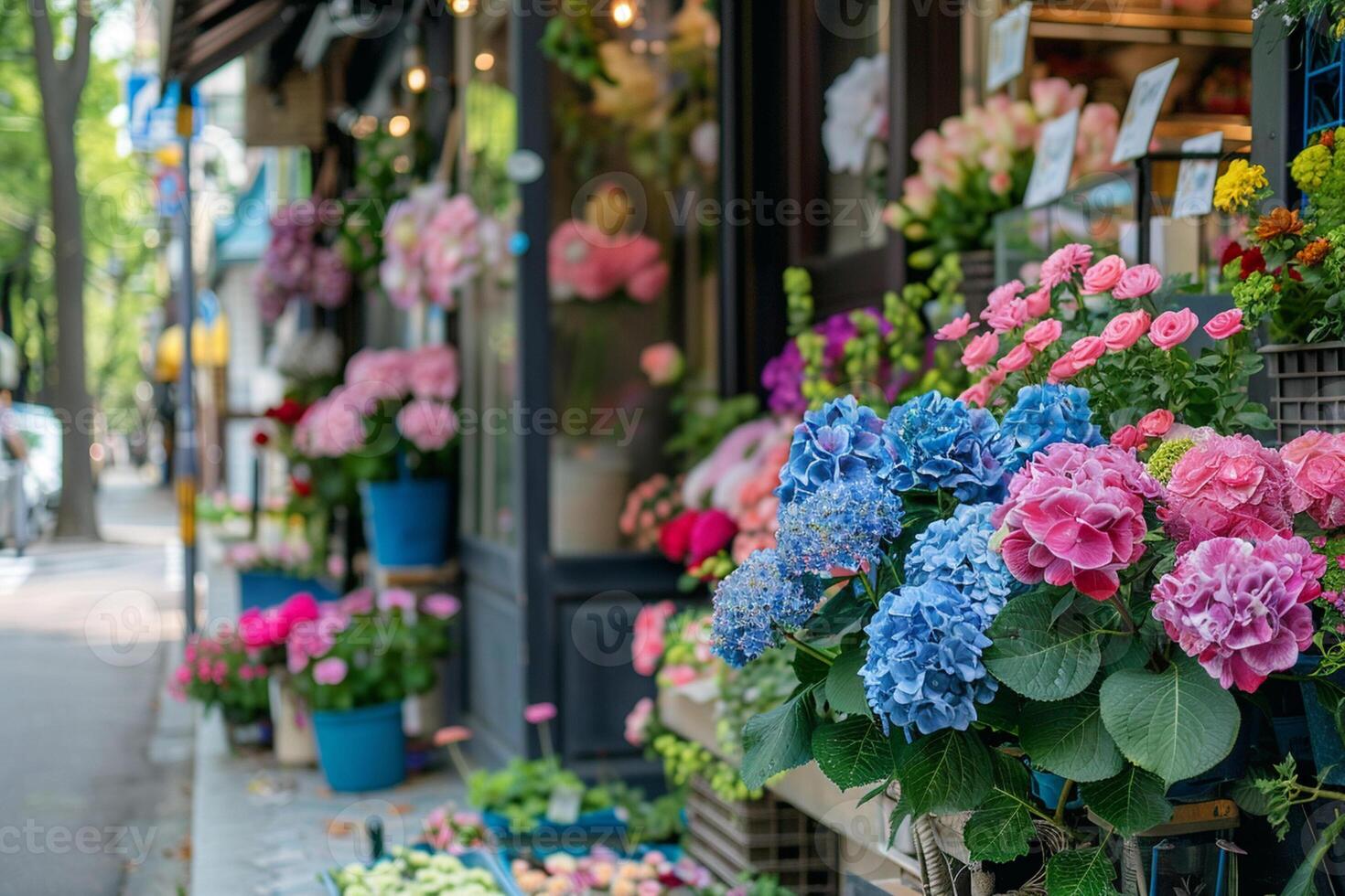 Flower shop decorated with different flowers in a pots. Blurred street on a background. photo