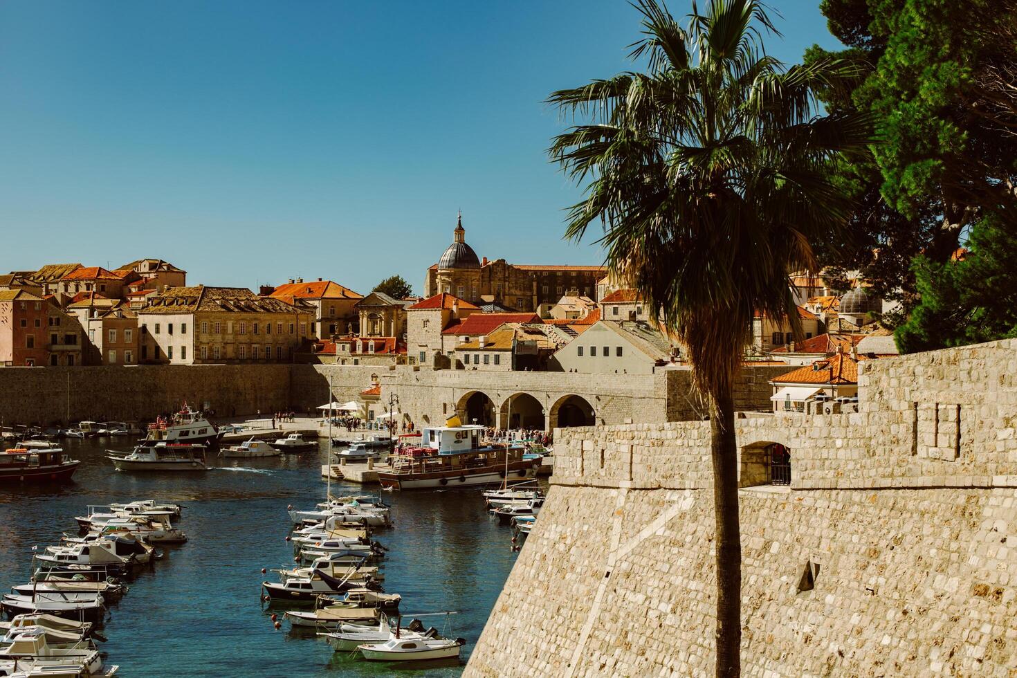 Amazing view of Dubrovnik old city and the boats in a marina on a sunny day. Travel destination in Croatia. photo